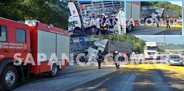 TIR, EMNİYET ŞERİDİNDE DURAN TÜP YÜKLÜ KAMYONA ÇARPTI 1 YARALI