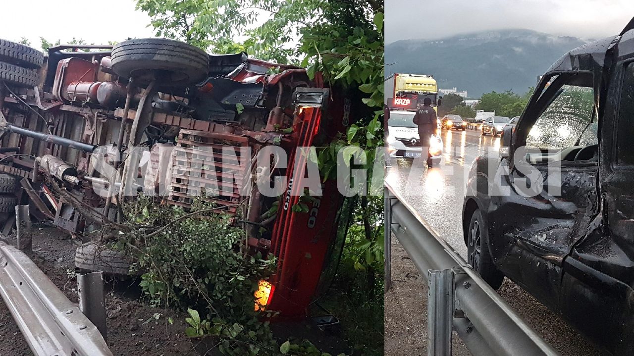 TEM'DE DEVRİLEN KAMYONDAKİ 3 KİŞİ YARALANDI